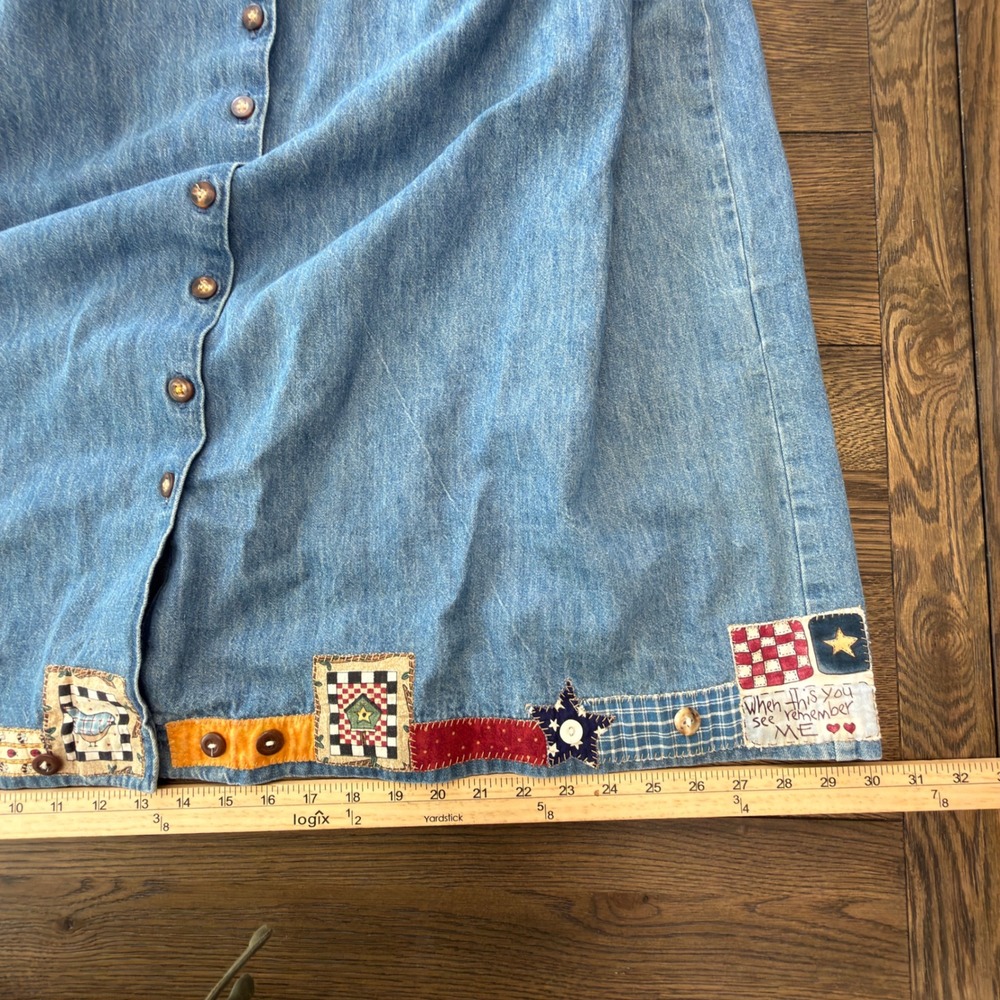 Vintage Patchwork Denim Midi Skirt Button Front Americana Folk Art Made in USA - Picture 15 of 16
